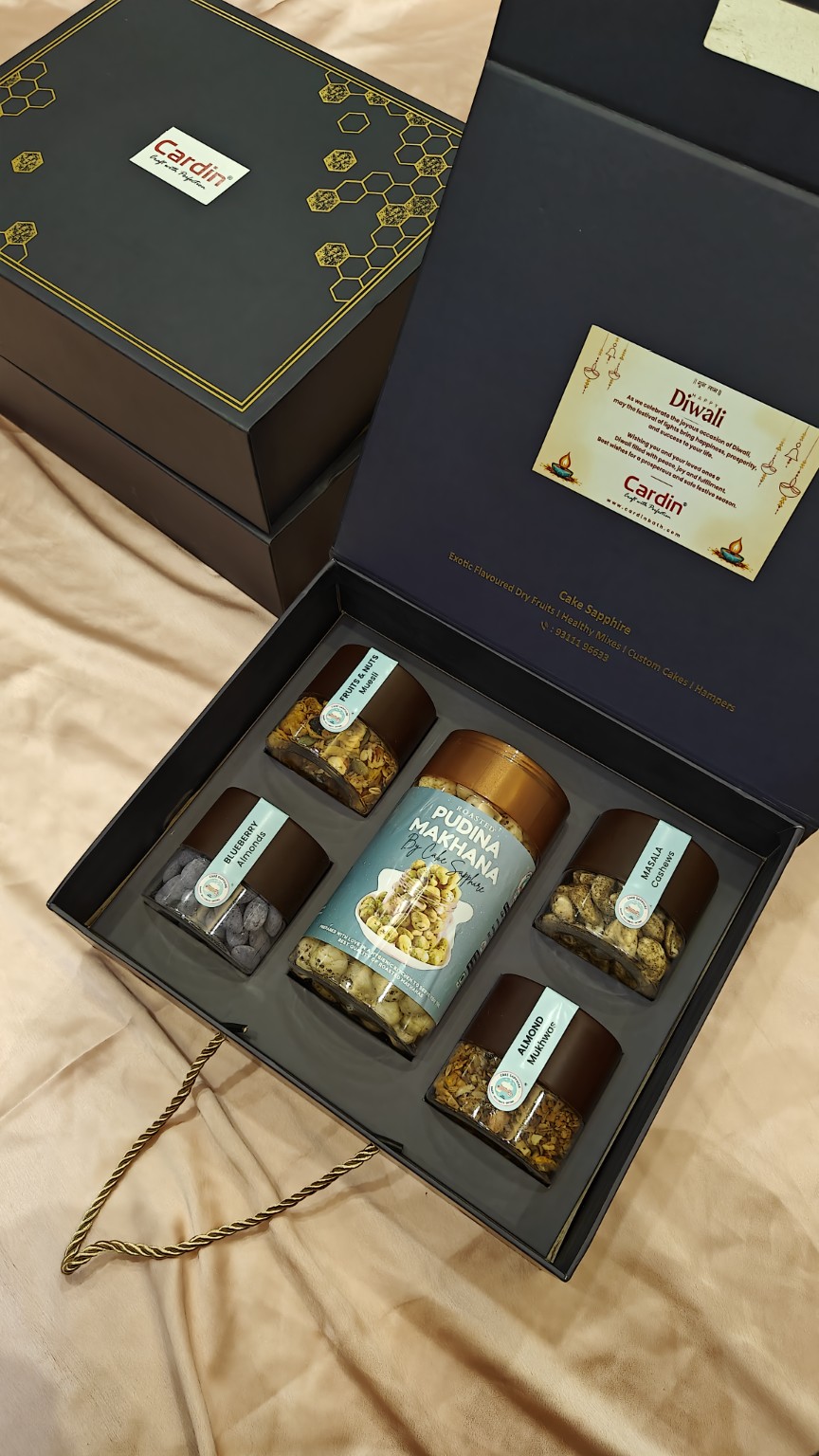 Premium Cake Sapphire Diwali hamper with dry fruit jars